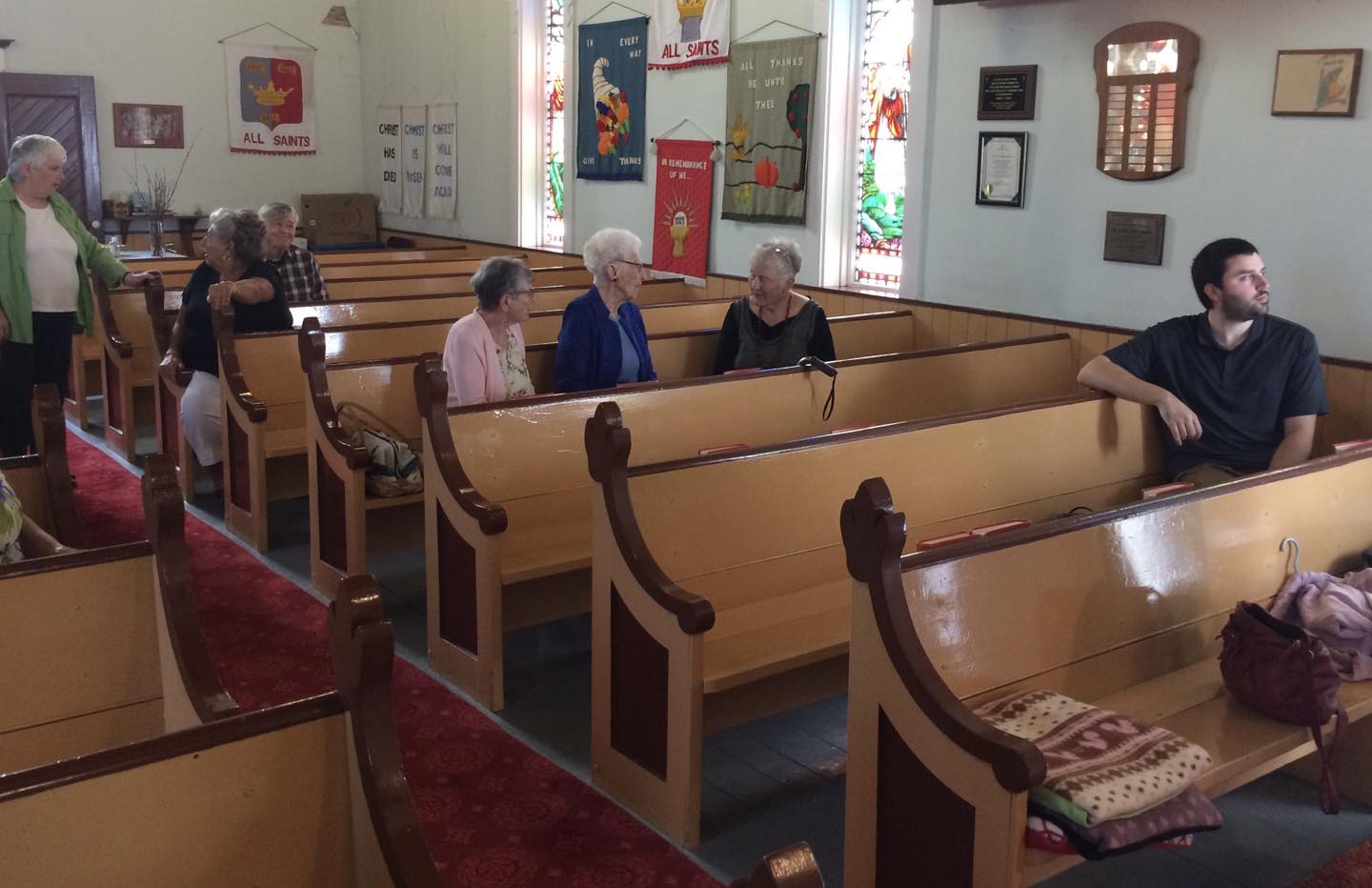 On July 21, 2024, a parish service was held at St. Mark's Church in Mill Cove. It was very nice to see such a great crowd! The altar flowers were mostly dark pink rambling roses with an Asiatic Lily and Shasta Daisy in each bouquet along with Lady's Mantle, Snowball Bush, white Hydrangea and Astilbe, pink Spirea, calla Lily and leaves.